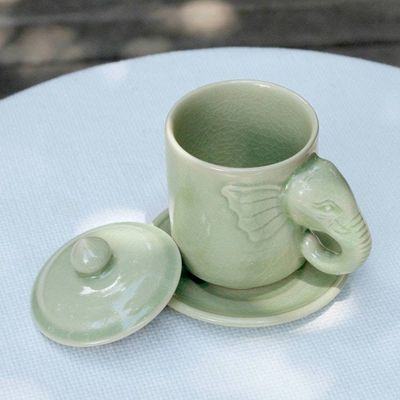 Alternate image for Celadon Ceramic Elephant Cup and Saucer from Thailand Chiang Mai Elephant
