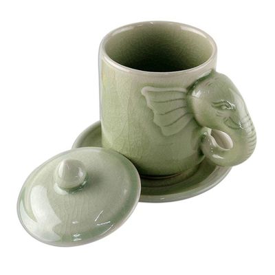 Alternate image for Celadon Ceramic Elephant Cup and Saucer from Thailand Chiang Mai Elephant