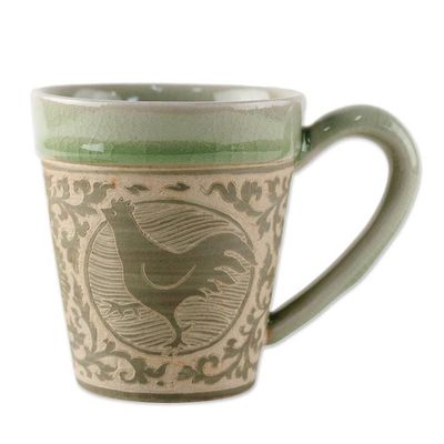 Alternate image for Celadon Glazed Ceramic Mug with Chicken from Thailand Thai Zodiac Chicken