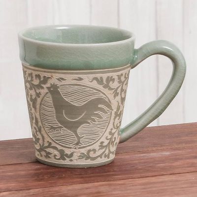 Alternate image for Celadon Glazed Ceramic Mug with Chicken from Thailand Thai Zodiac Chicken