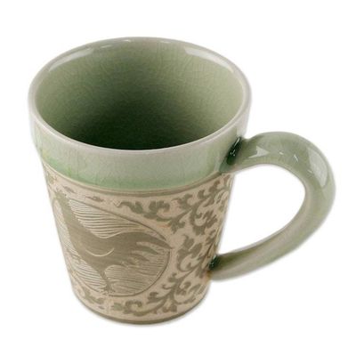 Alternate image for Celadon Glazed Ceramic Mug with Chicken from Thailand Thai Zodiac Chicken