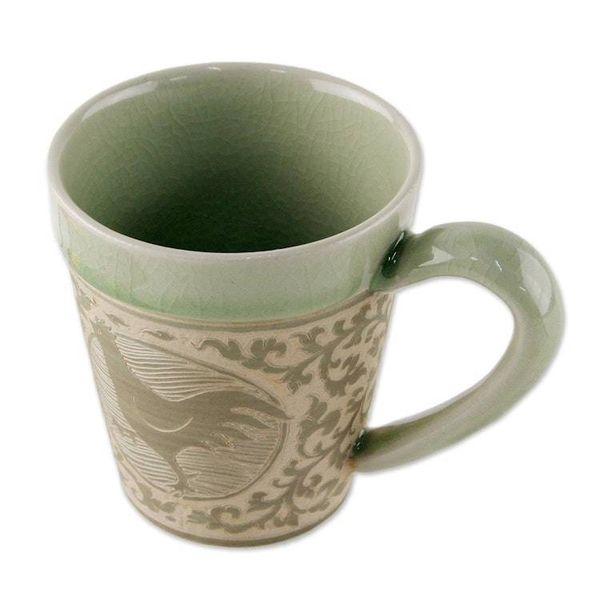 Alternate image for Celadon Glazed Ceramic Mug with Chicken from Thailand Thai Zodiac Chicken