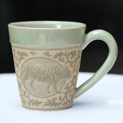 Alternate image for Hand Crafted Ceramic Mug with Tiger from Thailand Thai Zodiac Tiger