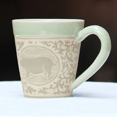 Alternate image for Celadon Glazed Ceramic Mug with Pig from Thailand Thai Zodiac Pig
