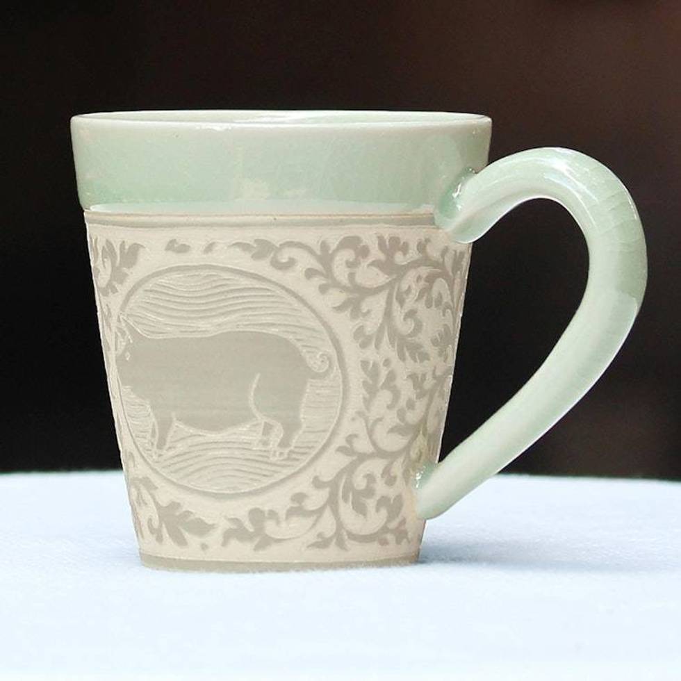 Celadon Glazed Ceramic Mug with Pig from Thailand 'Thai Zodiac Pig'
