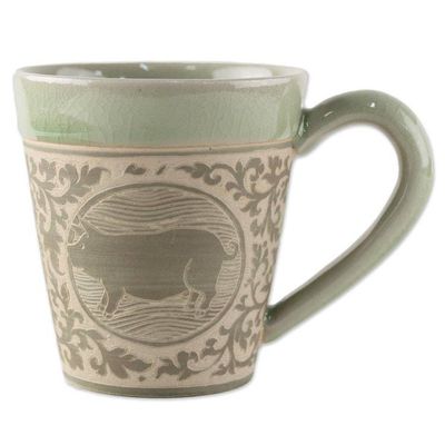 Alternate image for Celadon Glazed Ceramic Mug with Pig from Thailand Thai Zodiac Pig