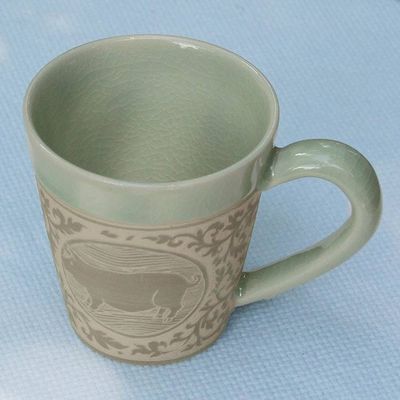 Alternate image for Celadon Glazed Ceramic Mug with Pig from Thailand Thai Zodiac Pig