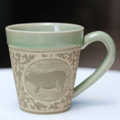 Alternate image for Celadon Glazed Ceramic Mug with Pig from Thailand Thai Zodiac Pig