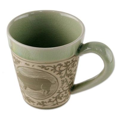 Alternate image for Celadon Glazed Ceramic Mug with Pig from Thailand Thai Zodiac Pig