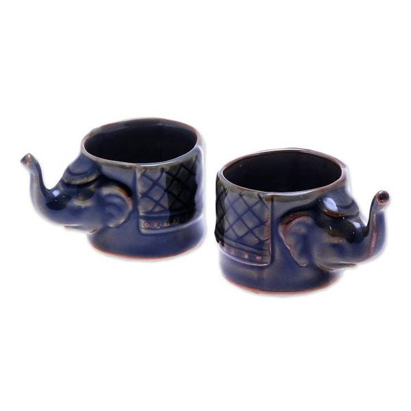Alternate image for Handmade Brown Celadon Ceramic Elephant Teacups Pair Elephant Essence in Brown