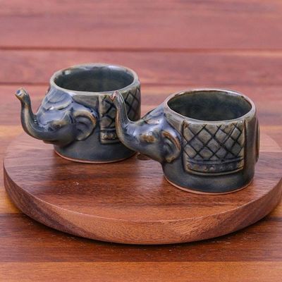 Alternate image for Handmade Brown Celadon Ceramic Elephant Teacups Pair Elephant Essence in Brown