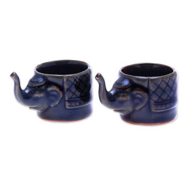 Alternate image for Handmade Brown Celadon Ceramic Elephant Teacups Pair Elephant Essence in Brown