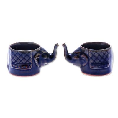 Alternate image for Handmade Brown Celadon Ceramic Elephant Teacups Pair Elephant Essence in Brown