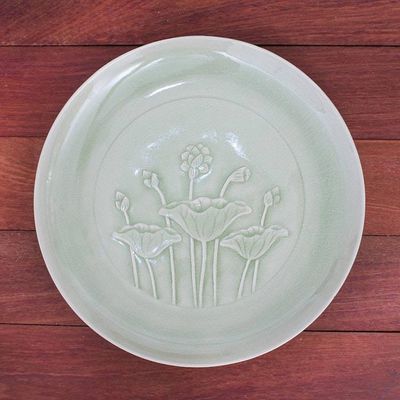 Alternate image for Green Celadon Ceramic Lotus Flower Dinner Plate Flavorful