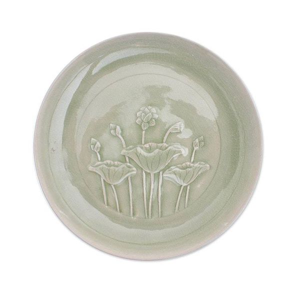 Alternate image for Green Celadon Ceramic Lotus Flower Dinner Plate Flavorful