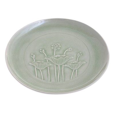 Alternate image for Green Celadon Ceramic Lotus Flower Dinner Plate Flavorful