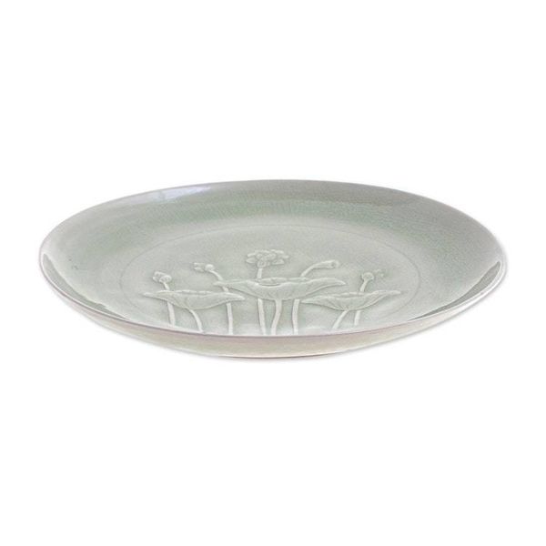 Alternate image for Green Celadon Ceramic Lotus Flower Dinner Plate Flavorful