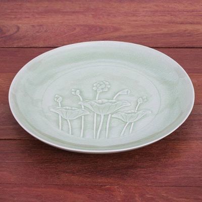 Alternate image for Green Celadon Ceramic Lotus Flower Dinner Plate Flavorful