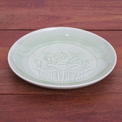 Alternate image for Hand Crafted Celadon Ceramic Lotus Flower Salad Plate Flavorful