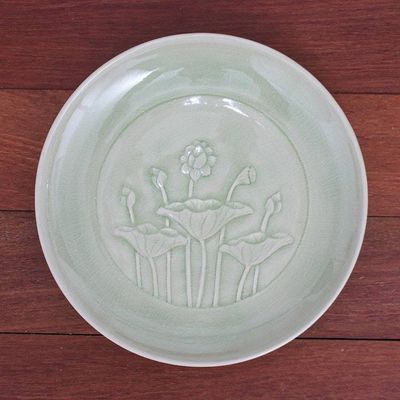 Alternate image for Hand Crafted Celadon Ceramic Lotus Flower Salad Plate Flavorful