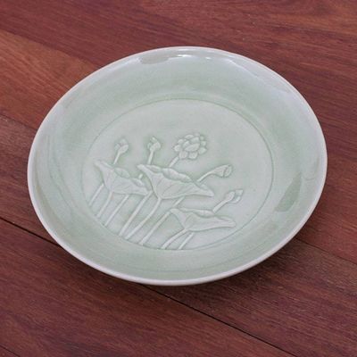 Alternate image for Hand Crafted Celadon Ceramic Lotus Flower Salad Plate Flavorful