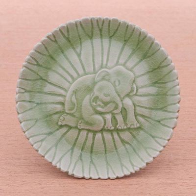 Alternate image for Hand Crafted Elephant Motif Celadon Ceramic Plate Elephant Nurture
