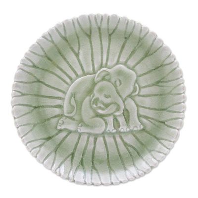 Alternate image for Hand Crafted Elephant Motif Celadon Ceramic Plate Elephant Nurture