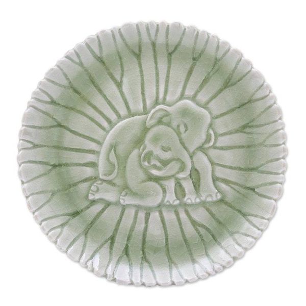 Alternate image for Hand Crafted Elephant Motif Celadon Ceramic Plate Elephant Nurture