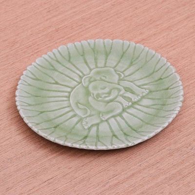 Alternate image for Hand Crafted Elephant Motif Celadon Ceramic Plate Elephant Nurture
