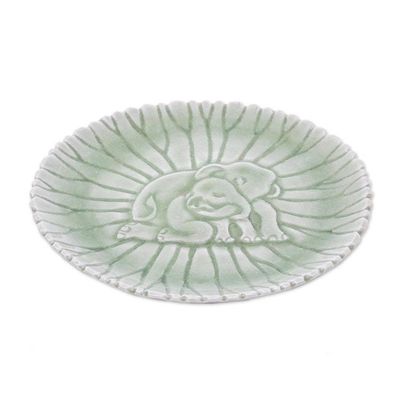 Alternate image for Hand Crafted Elephant Motif Celadon Ceramic Plate Elephant Nurture