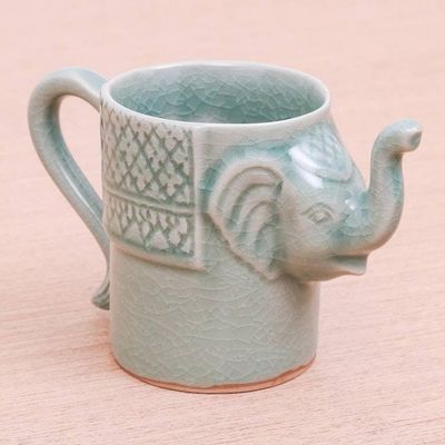 Alternate image for Elephant Themed Celadon Ceramic Mug in Blue-Green Elephant Essence in Spruce