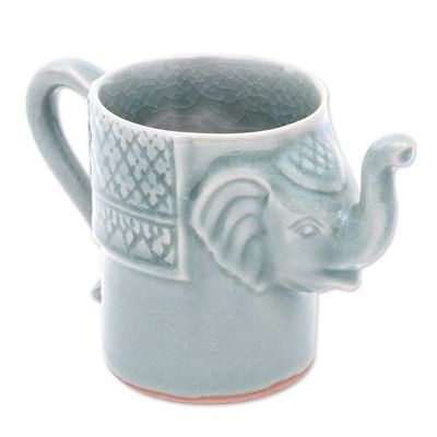 Alternate image for Elephant Themed Celadon Ceramic Mug in Blue-Green Elephant Essence in Spruce