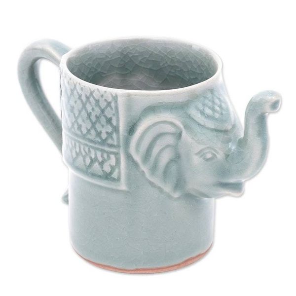 Alternate image for Elephant Themed Celadon Ceramic Mug in Blue-Green Elephant Essence in Spruce