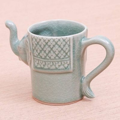 Alternate image for Elephant Themed Celadon Ceramic Mug in Blue-Green Elephant Essence in Spruce