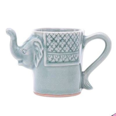 Alternate image for Elephant Themed Celadon Ceramic Mug in Blue-Green Elephant Essence in Spruce