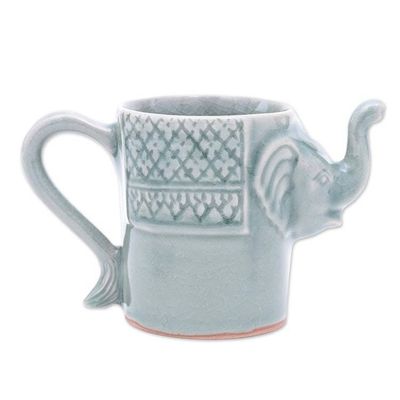 Alternate image for Elephant Themed Celadon Ceramic Mug in Blue-Green Elephant Essence in Spruce