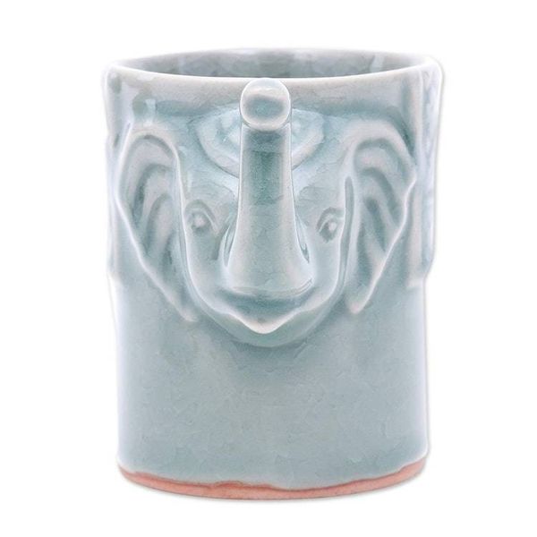 Alternate image for Elephant Themed Celadon Ceramic Mug in Blue-Green Elephant Essence in Spruce