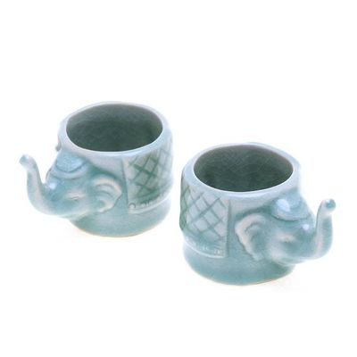 Alternate image for Aqua Celadon Ceramic Elephant Themed Teacups Pair Elephant Essence in Aqua