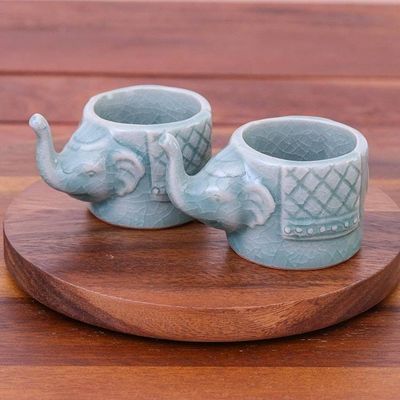 Alternate image for Aqua Celadon Ceramic Elephant Themed Teacups Pair Elephant Essence in Aqua