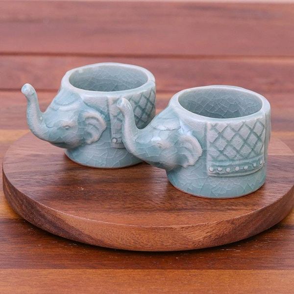Alternate image for Aqua Celadon Ceramic Elephant Themed Teacups Pair Elephant Essence in Aqua