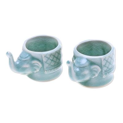 Alternate image for Aqua Celadon Ceramic Elephant Themed Teacups Pair Elephant Essence in Aqua