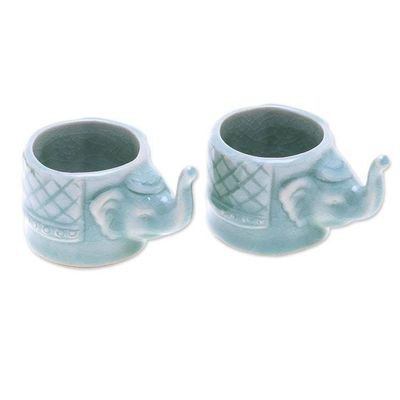 Alternate image for Aqua Celadon Ceramic Elephant Themed Teacups Pair Elephant Essence in Aqua