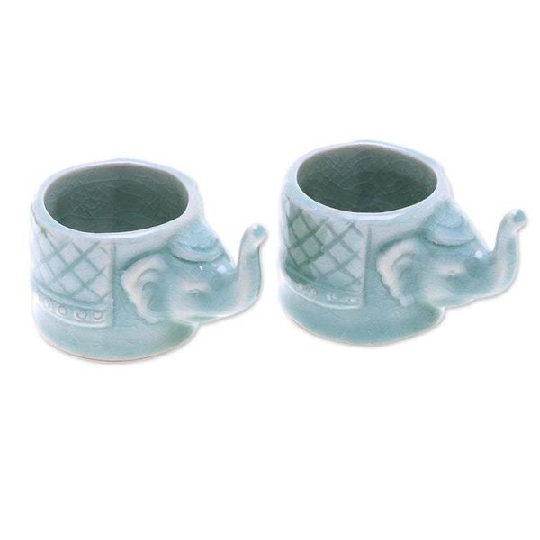 Alternate image for Aqua Celadon Ceramic Elephant Themed Teacups Pair Elephant Essence in Aqua