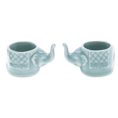 Alternate image for Aqua Celadon Ceramic Elephant Themed Teacups Pair Elephant Essence in Aqua