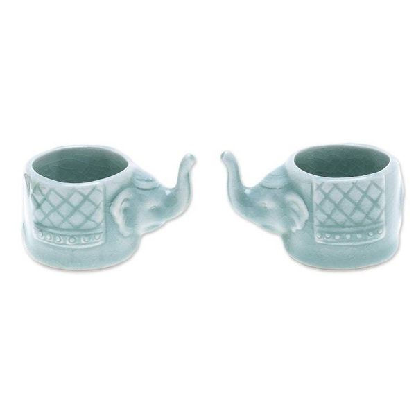 Alternate image for Aqua Celadon Ceramic Elephant Themed Teacups Pair Elephant Essence in Aqua