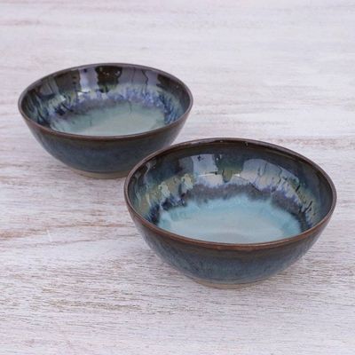 Alternate image for Hand Crafted Blue Ceramic Cereal Bowls Pair Blue Crush