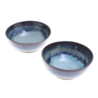 Alternate image for Hand Crafted Blue Ceramic Cereal Bowls Pair Blue Crush