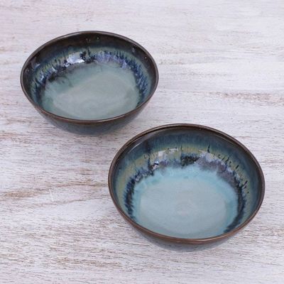 Alternate image for Hand Crafted Blue Ceramic Cereal Bowls Pair Blue Crush