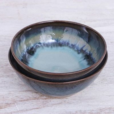 Alternate image for Hand Crafted Blue Ceramic Cereal Bowls Pair Blue Crush