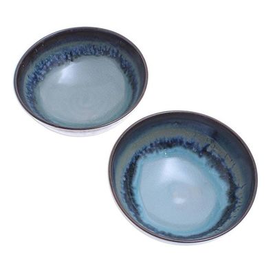Alternate image for Hand Crafted Blue Ceramic Cereal Bowls Pair Blue Crush
